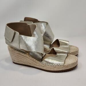 Eileen Fisher Willow Espadrille Wedge Sandals Size 9 Gold Metallic Leather